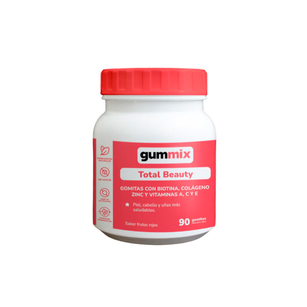 Frasco de gomitas Total Beauty Gummix sabor frutos rojos, suplemento con colágeno, biotina, zinc y vitaminas para fortalecer cabello, piel y uñas.