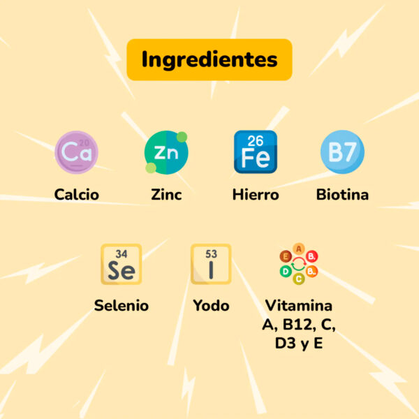 Frasco de gomitas multivitamínicas Energy Booster para adultos con 90 unidades, sabor granada. Suplemento con vitaminas A, B12, C, D3, E, zinc, hierro y biotina.