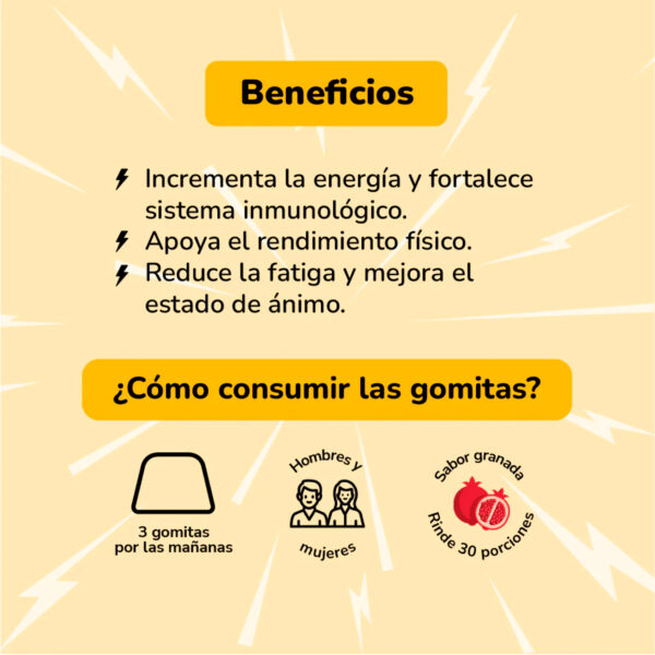 Gummix Energy Booster en presentación de 90 gomitas para aumentar la energía, fortalecer el sistema inmunológico y mejorar el estado de ánimo durante el día.